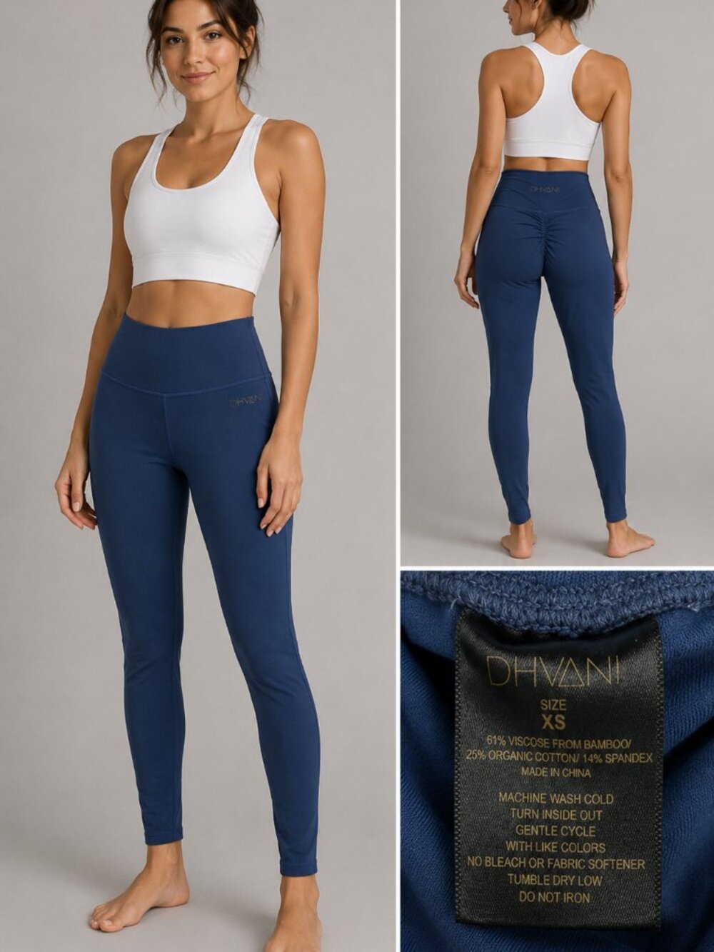 DHVANI Leggings Women's XS Blue Bamboo High Rise Ruched Back Yoga Activewear